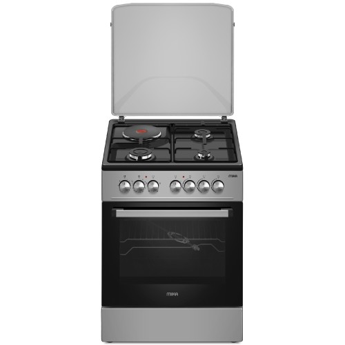 MIKA Standing Cooker, 50cm x 60cm, 3 Gas Pool Jet Burners + 1 RAPID Hot Plate, Button Ignition, 4 Function Electric Oven, Rotisserie, Black Hob, Silver Body